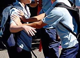 Boy shoving another boy on playground