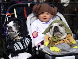 Stroller with Baby and Dogs in Costumes 